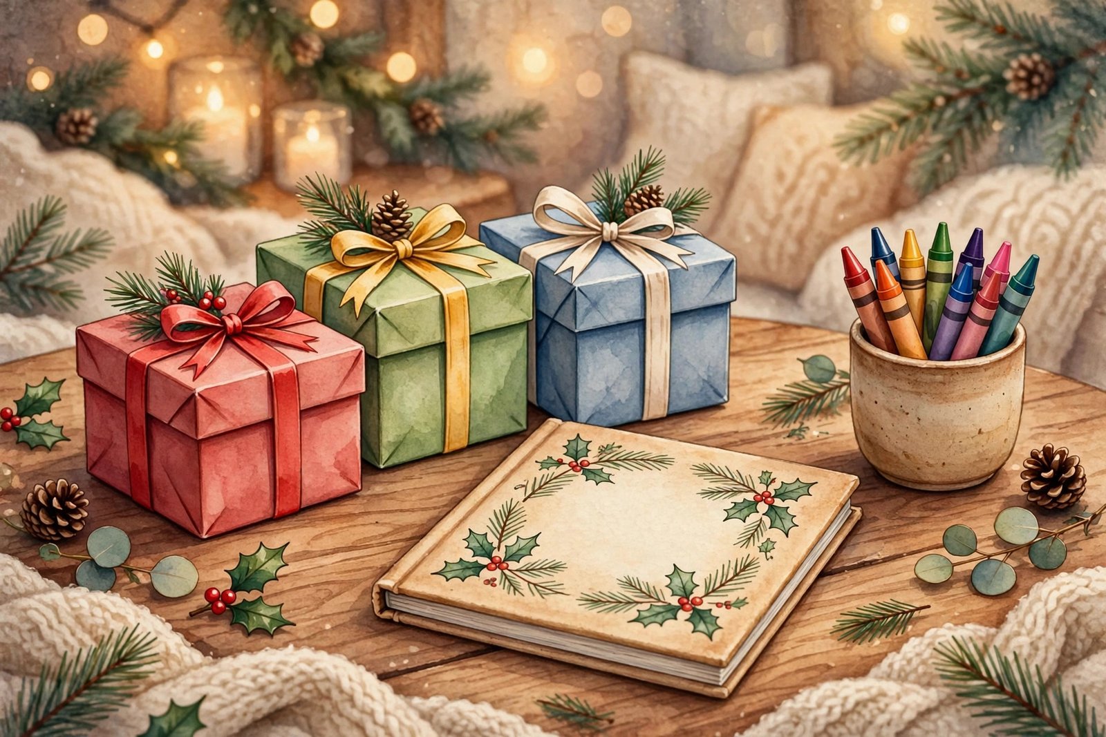 Neatly wrapped holiday gifts with a coloring book and crayons beside them